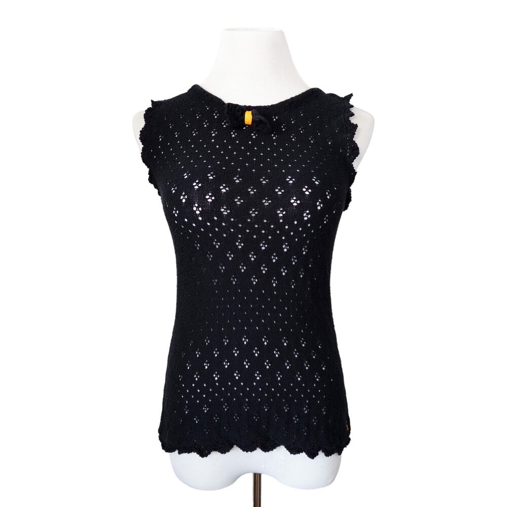 Maje Bow Crochet Eyelet Sleeveless Crew Neck Sweater Top Black 1 (US Small)